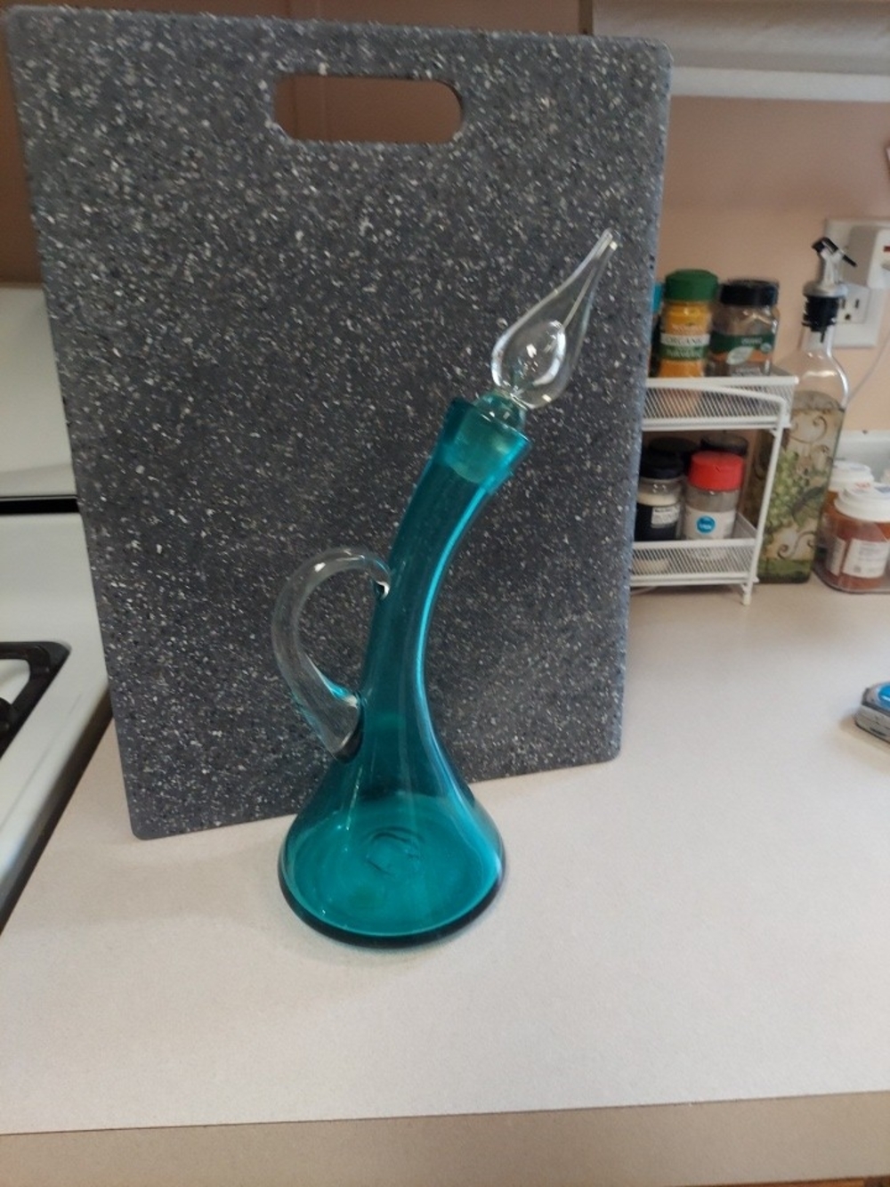 Vintage Sighned Bischoff In Peacock Teal, With Stopper Bent Decanter~